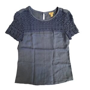 J.Crew Blue 100% Linen Lace Yoke Short Sleeve Blouse Top C3489 Size 0